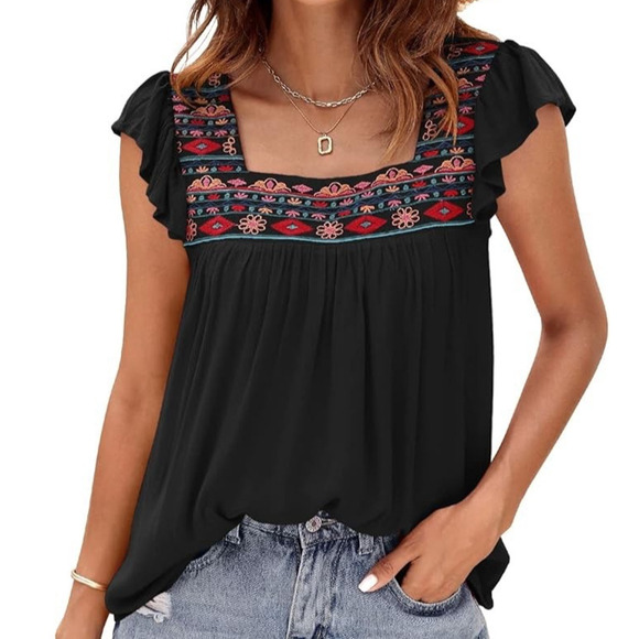 Dorose Boho Blouse Top Womens XL Black Embroidered Square Neck Cottagecore - Picture 1 of 9